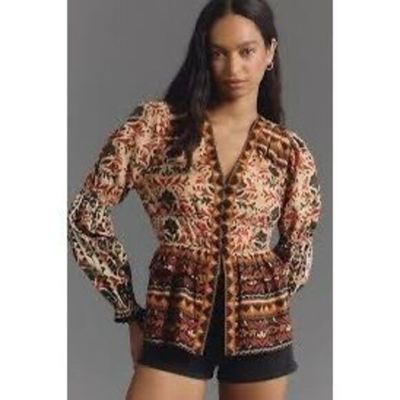 FARM Rio Tops - Farm Rio x Anthropologie Long-Sleeve V-Neck Printed Blouse